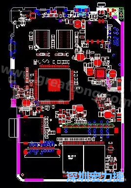 上圖是一個開發(fā)板的PCB，從布局中可以看出各個接口電路分離很明確，SDRAM和DDR以及SD卡接口電路等走線不會造成相互的干擾。-深圳宏力捷