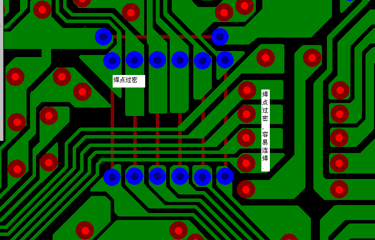 PCB設(shè)計(jì)焊點(diǎn)過(guò)密，易造成波峰連焊，焊點(diǎn)間漏電