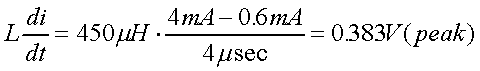 舉例來說，一個閘在"ON"而載有4mA的電流時，突然開關(guān)切到"OFF"且現(xiàn)在載有0.6mA的電流，假設(shè)開關(guān)時間為4msec，載有450mH的電感信號的導體，此時所產(chǎn)生的電壓突波為