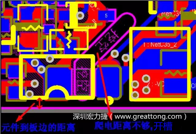 如果碰到模塊PCB空間有限，爬電距離不夠，可以采用開槽的方式