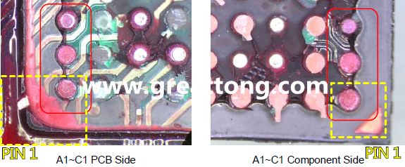 PIN-1的位置很重要，不知道Pin-1在哪里？那你怎么知道斷裂錫球在PCB的位置，如何判斷可能的應(yīng)力(Stress) 影響。一般在PCB的絲印層(白漆)上面一定會標示零件的PIN-1位置，有的未打一個圓點，有的會畫三角形，但這張照片在PCB的PIN-1被紅墨水遮住了，如果可以的話建議那一塊沒有紅墨水的板子對照一下。