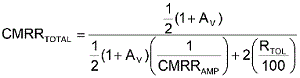 方程式1是從理想運算放大器的CMRR等式中匯出，其中CMRRAMP被假定為非常大(無窮大)。
