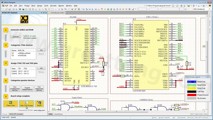 XJTAG DFT Assistant的Access Viewer模式可以清楚地顯示可用的測試存取層級，讓電路板設(shè)計人員在展開PCB布局以前的原理圖擷取階段盡可能地提高測試存取能力