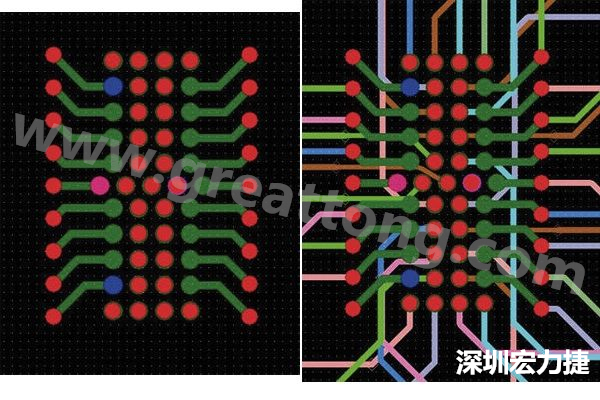 圖7：焊盤內(nèi)過孔用于內(nèi)部，而外部接腳在0.5mm閘格上扇出。圖7a顯示的是頂層(左)；圖7b顯示頂層和內(nèi)部布線層(右)。