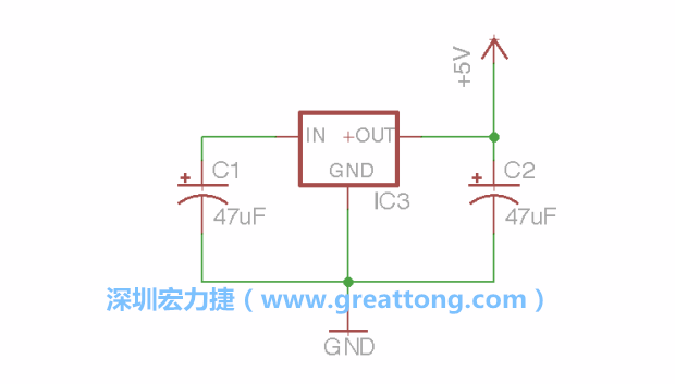 使用「新增（Add）」工具，選擇RBBB → Regulator，把Regulator元件放在畫面左上角的象限上，再使用新增工具來配置兩個(gè)Electrolytic_Caps元件、GND元件和+5V的信號(hào)供應(yīng)元件（RBBB → Supply），如圖所示。