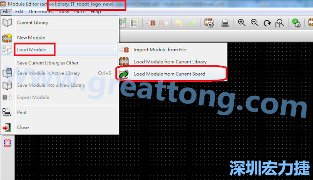 進入Module Editor去載入其他Footprint(Module)進來， 從目前的Active library (不過要先選取一個Current library ) 載入Module 或從目前正在編輯的PCB載入Module。