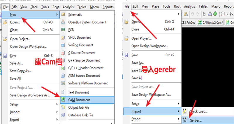 在File下新建 Cam檔，建后再File下導(dǎo)入Gerber文件，選擇所有文件導(dǎo)入gerber。