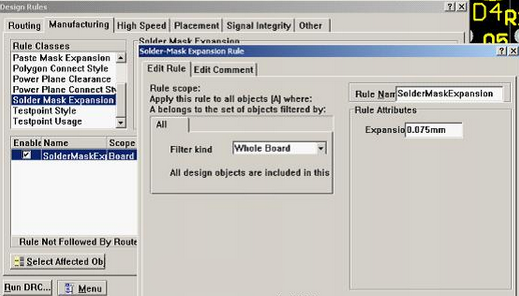 5. 而對于阻焊的調(diào)整則可以通過按D、R調(diào)出[Manufacturing]制作設(shè)計(jì)規(guī)則的[Solder-Mask Expansion Rule]設(shè)置項(xiàng)直接設(shè)定單邊放大值