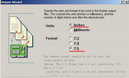 在上圖中選擇“Inches 2：5”，以確保資料精度，反之線寬、線距或孔有偏移現(xiàn)象